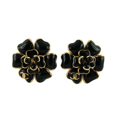 chanel black flower clip earrings